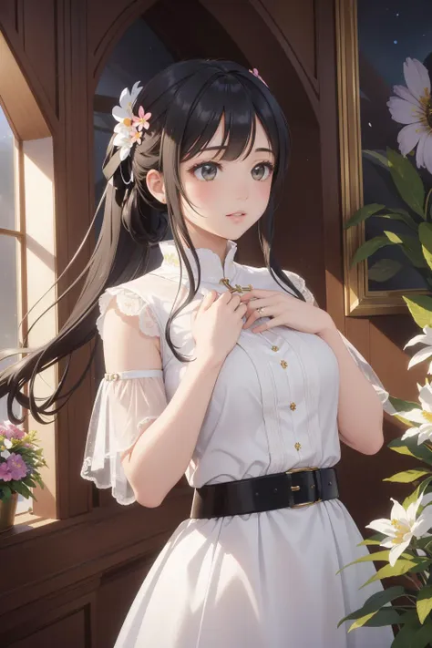 anime girl in white dress with flowers in her hair