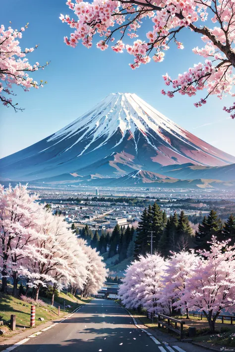 a view of a mountain with cherry blossoms in the foreground