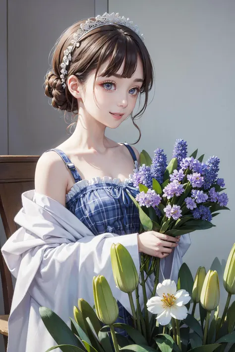 a woman in a blue dress holding a bouquet of flowers