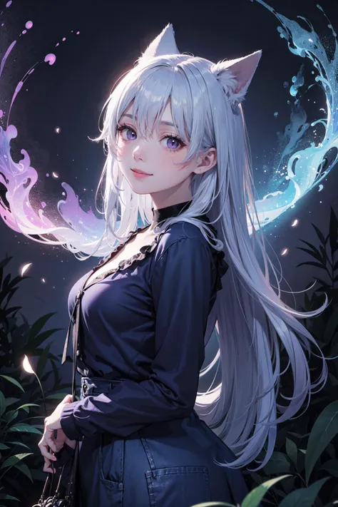 a woman with long white hair and a cat ears standing in a field