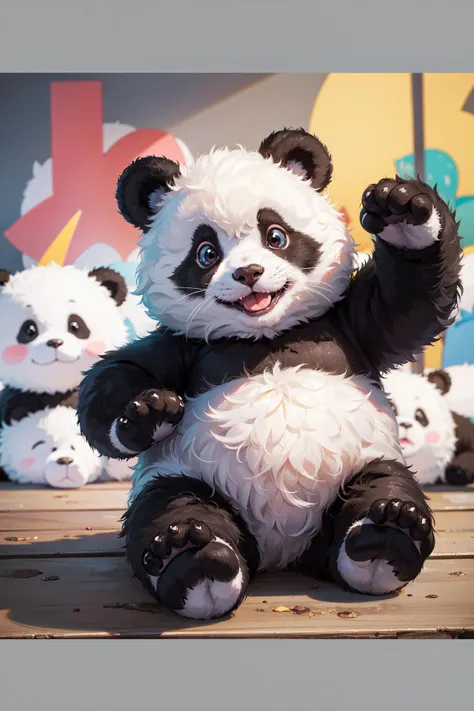 panda bear sitting on a wooden platform with other stuffed animals