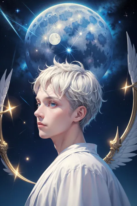 a man with white hair and angel wings in front of a full moon