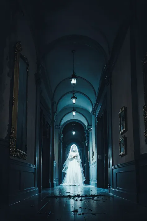 a woman in a white dress is walking down a hallway