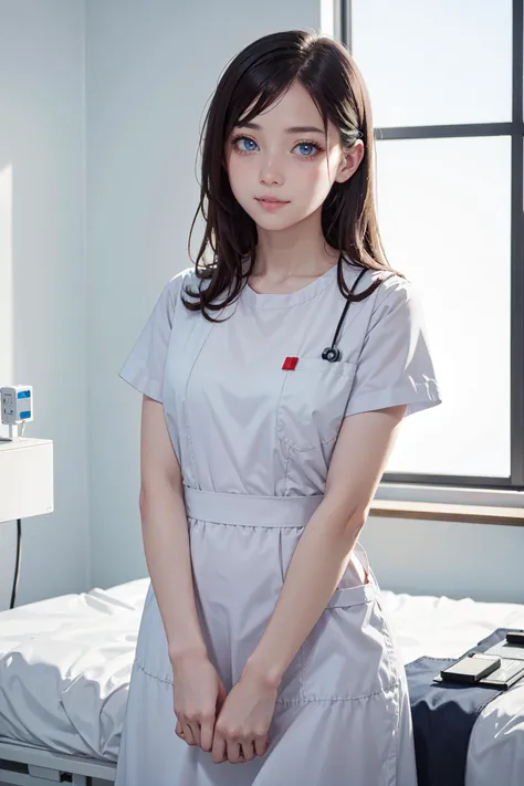 arafed woman in a white dress standing in a hospital room