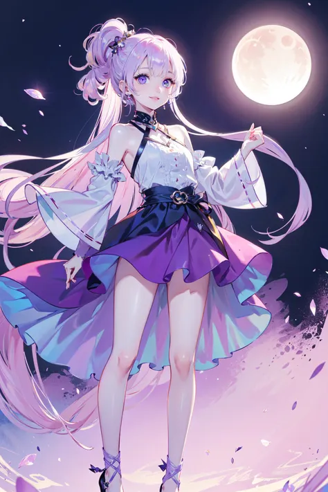 a girl with long hair and a purple dress standing in front of a full moon