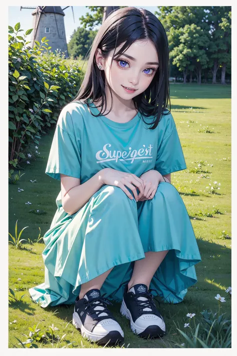 ((best quality, masterpiece, absurdres, super-resolution)) Mint Green and indigo color, , Crouching to tie shoelaces, , upper body, T-shirt dress, Serene countryside with a charming old windmill