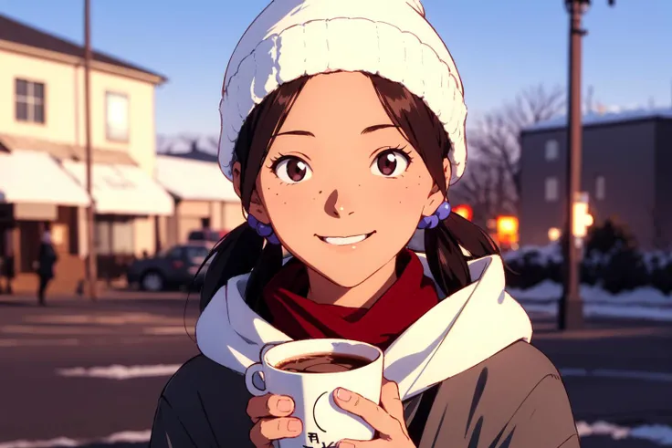 (RAW photo, best quality), 1girl,  natural lighting, solo, light smile, outdoor,
 <lora:eva_horaki_hikari_v1_2:0.8>, horaki hikari, winter, scarf, beanie hat, snowflake,  holding a coffee, aroma, upper body,