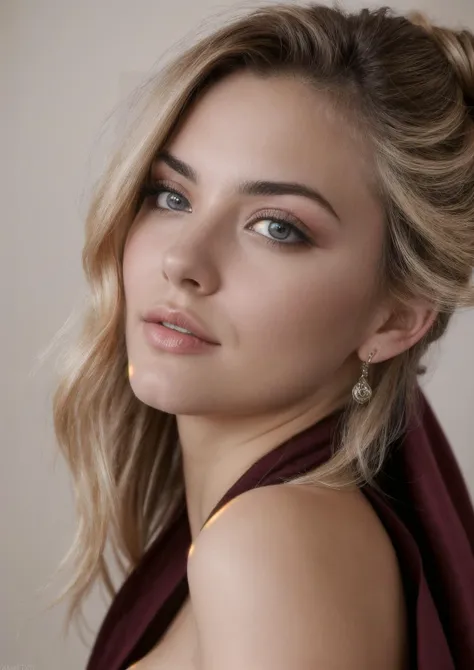 a woman with blonde hair and a maroon dress posing for a picture