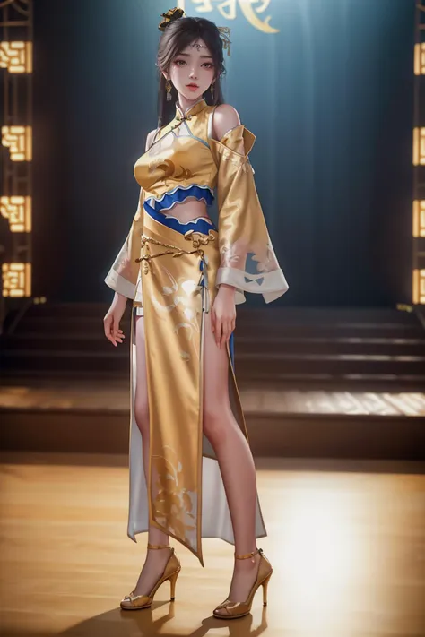 a woman in a gold dress standing on a stage