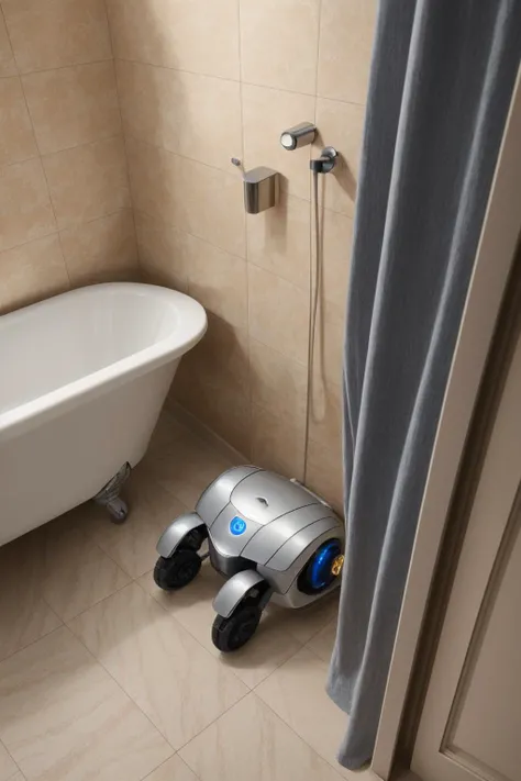 A robot sleeping in a bathroom, realistic photograph, highly detailed.