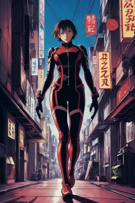 beautiful coherent award-winning manga ova dvd cover art of a mysterious lonely cyborg anime woman wearing a plugsuit, serial experiments lain, neon genesis evangelion, anime, animated, painted by tsutomu nihei