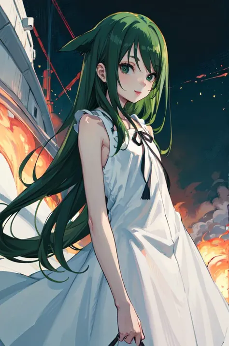 anime girl with long green hair and white dress holding a gun