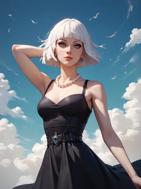 score_9,score_8_up,score_7_up,
1girl,solo,cowboy shot,white hair,short hair,hime cut,
Charming lady in a black dress and pearl beads,embodying beautiful surreal minimalism,an ephemeral figure in relaxing pose,