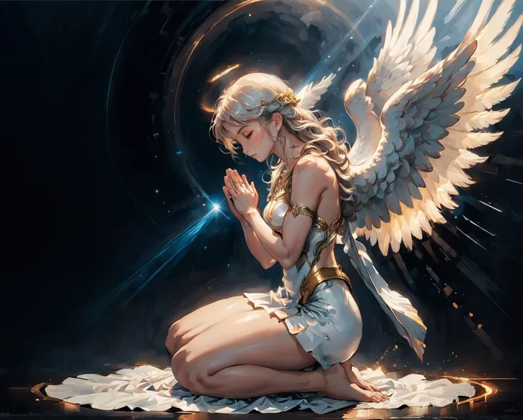 oil painting of a beautiful angel praying to the heavens on her knees, halo of light, full body side profile view
 <lora:futureistic_fantasy_anime_sdxl_v1:0.8> futuristic-fantasy-anime