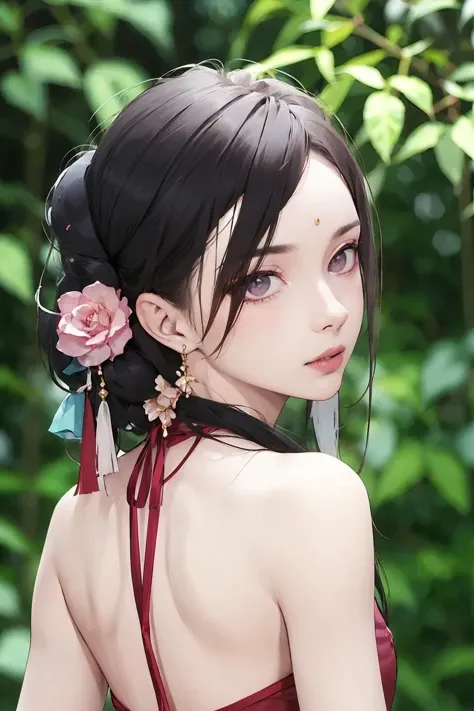 (masterpiece:1.2),highres,1girl,solo,looking at viewer,black hair,hair ornament,bare shoulders,jewelry,upper body,flower,earrings,looking back,from behind,blurry,lips,back,realistic,nose,
<lora:lbc_yuyi_dudou:0.6>,((rose)),(vine),cage,bandage,red rope,(det...