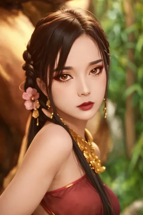 1girl, solo, looking at viewer, lipstick,  <lora:lbc_yuyi_dudou:0.6>,  bamboo, golden color, warm color, masterpiece,best quality,extremely detailed,fine details,official art,unity 8k wallpaper,4K,8K,UHD, (upper body:1.5), antiBlur,photography, abstract ba...