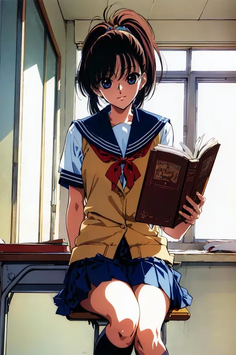 (masterpiece:1.3), best quality, official art, <lora:yuukiNobuteru1990_offset:1.0>(yuuki nobuteru, 1990s (style)),  1girl, school uniform, classroom, sitting at desk, reading book, bored