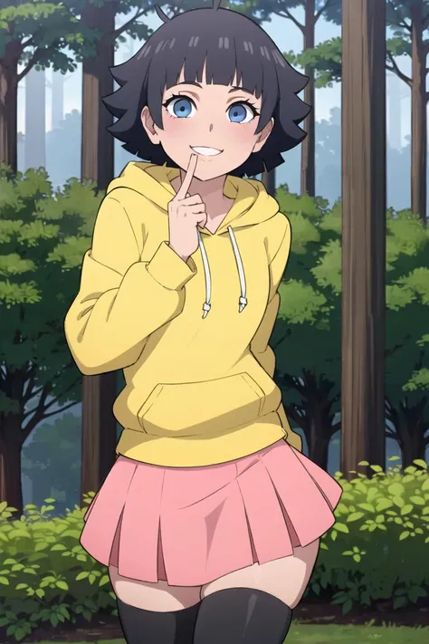 uzumaki_himawari, short black hair, blunt bangs, blue eyes, yellow hoodie, ((pink pleated skirt: 1.5)), black thigh highs,(masterpiece: 1.2), (absurdres: 1.2),( best quality: 1.2), young girl, ((solo)), smile, cowboyshot, forest background, anime screensho...