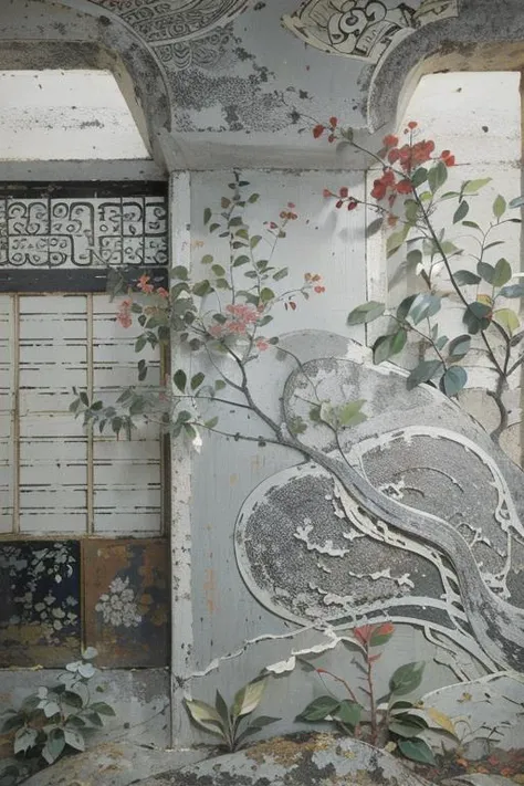 figure,linen texture,scene,plant,tree,background,graphic illustration,chinese art,classical,silver foil texture,, best quality,masterpiece,(photo realistic),