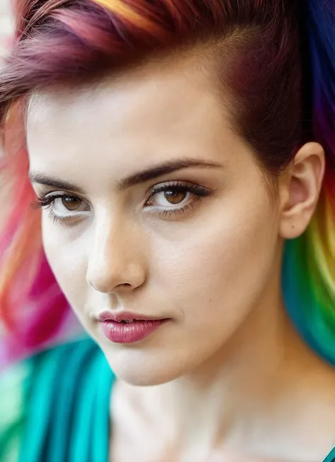 portrait of sks woman by Flora Borsi, style by Flora Borsi, bold, bright colours, rainbow Mohawk haircut, ((Flora Borsi)), <lora:locon_alexandrabotez_v1_from_v1_64_32:1.25>