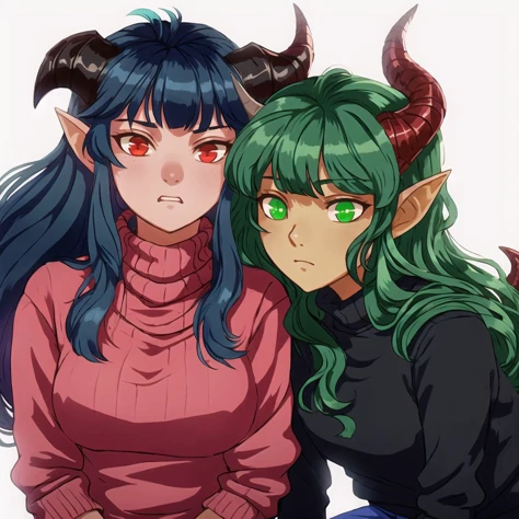 <lora:avas_retro_06-04:1>,
2girls, bangs, black shirt, blue hair, breast press, dragon horns, dragon tail, green hair, hair between eyes, horns, lap pillow, long hair, mishima coco, multiple girls, oni horns, pantyhose, red eyes, ribbed sweater, shaded ...