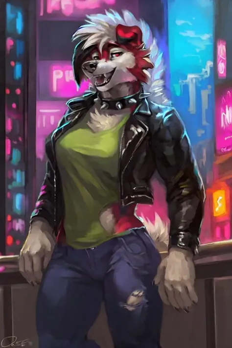 safe, beautiful, incredible, impressive, pinup,
solo, (female), (midnight lycanroc), anthro, clothes, shirt, t-shirt, leather jacket, torn jeans, spiked collar, looking at viewer,
by oouna, by blotch, by darkgem, by honovy, by kenket, by klongi, by levelv...