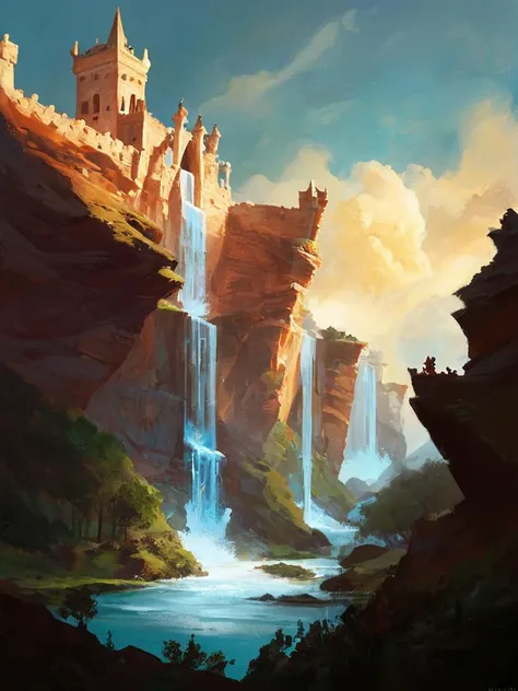 score_9,score_8_up,score_7_up,score_6_up,score_5_up,score_4_up,oil painting, art by mooncryptowow, great lighting, FRESHIDEAS Realistic Photography 3#, A grand castle perched on a floating island, waterfalls cascading into the clouds below, a dragon soarin...