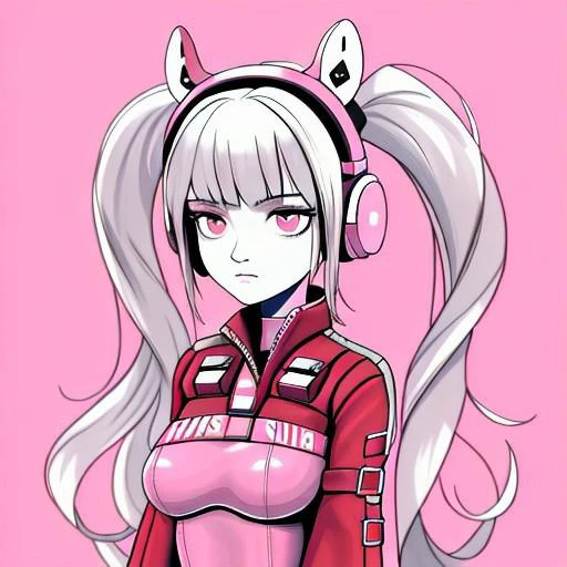 OverallDetail, alice (nikke), pink bodysuit, animal ear headphones, shiny clothes, twintails, latex bodysuit,