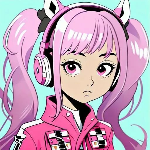 OverallDetail, alice (nikke), pink bodysuit, animal ear headphones, shiny clothes, twintails, latex bodysuit,