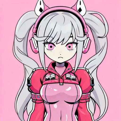 OverallDetail, alice (nikke), pink bodysuit, animal ear headphones, shiny clothes, twintails, latex bodysuit,