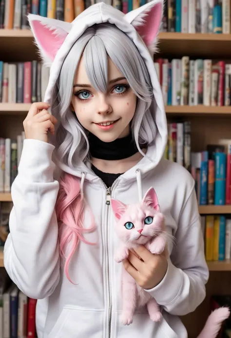 The image is a high-resolution photograph of a young woman dressed in a cosplay costume, specifically a catgirl outfit. She has long, flowing silver hair that cascades down her shoulders, and she wears a white, fluffy, long-sleeved hoodie with a pink zippe...