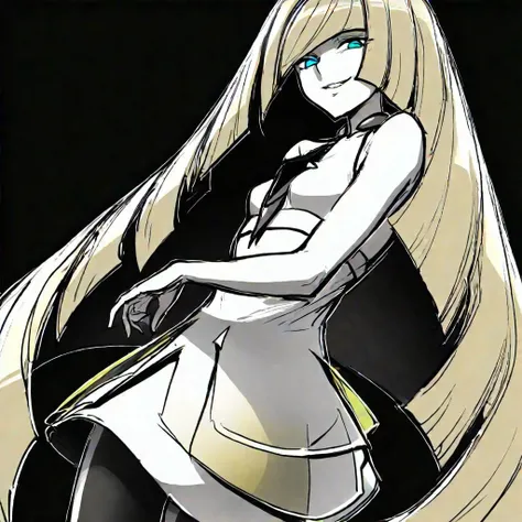 score_9, score_8_up, score_7_up, 
lusamine, white dress, thigh high leggings, blue eyes, blonde hair, long hair,
(glowing eyes:0.5), smile, looking at viewer, solo, sketch, black background, monochrome, greyscale, ebiblue, gesugao