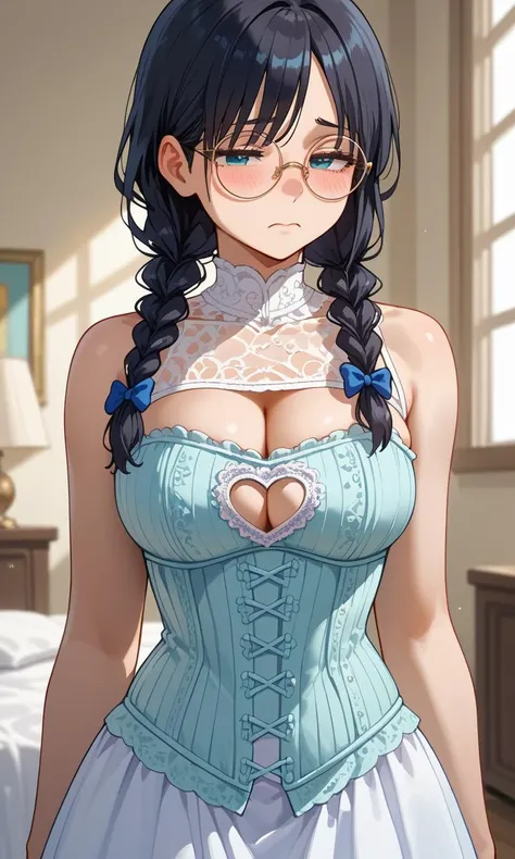 score_9,score_8_up,score_7_up,
BREAK
1girl,half-closed eyes,shy,round eyewear,black hair,low twin braids,large breasts,<lora:Heart_Corset:1>,(heartcorset:1.1),white corset,(cleavage cutout:1.1),bare shoulders,