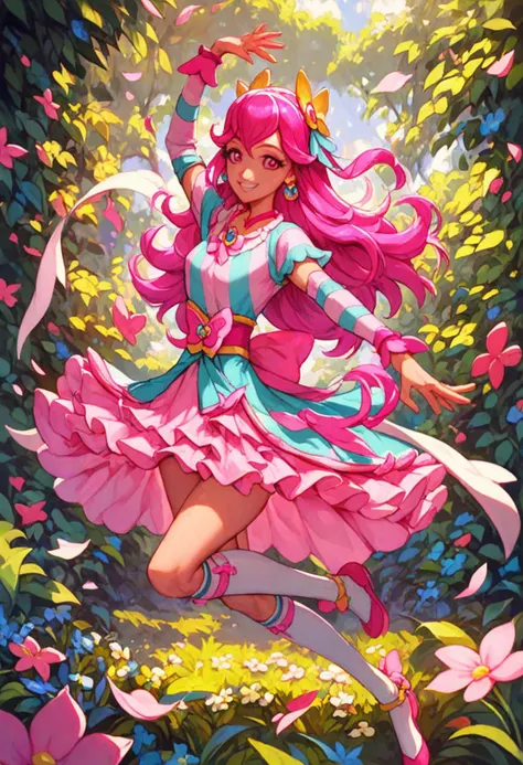 score_9, score_8_up, score_7_up, (cure blossom, pink hair, pink eyes, precure), wide smile, striped shirt, kneehighs, dancing, playing with hair, in the garden, detailed, beautiful