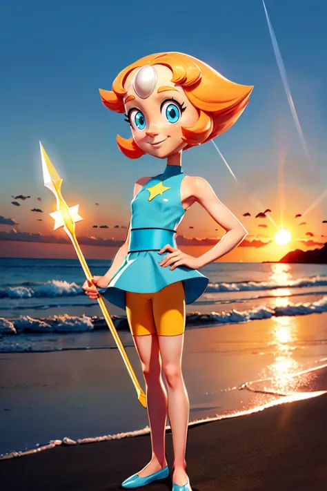 pearl, orange hair, pointy nose, forehead jewel, blue eyes,blue dress, bare shoulders, tiny gold star(shape) on front, blue sash,small blue skirt, yellow bike shorts, flats, looking at viewer, smiling, 
standing, holding a spear, outside, beach, ocean, sun...