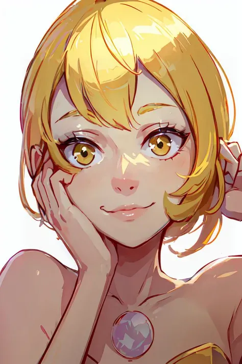 ultra detailed, masterpiece, best quality, solo, soft smile, light smile, yandere trance, yandere, hands on own cheeks, portrait,  hands on own face, head tilt, 
 <lora:YellowPearl:0.75> yellowPearl, blonde hair, pointy nose, yellow skin, gem between colla...