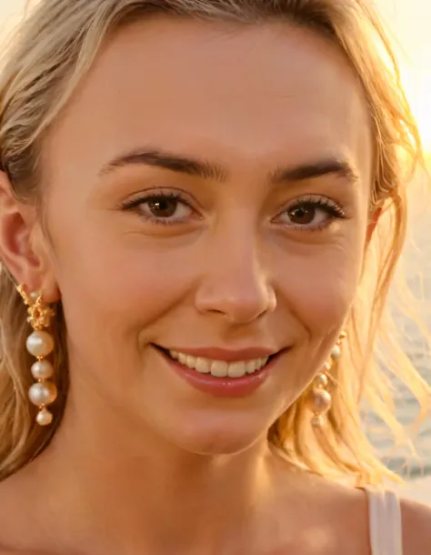 a close up of a woman with earrings on smiling at the camera