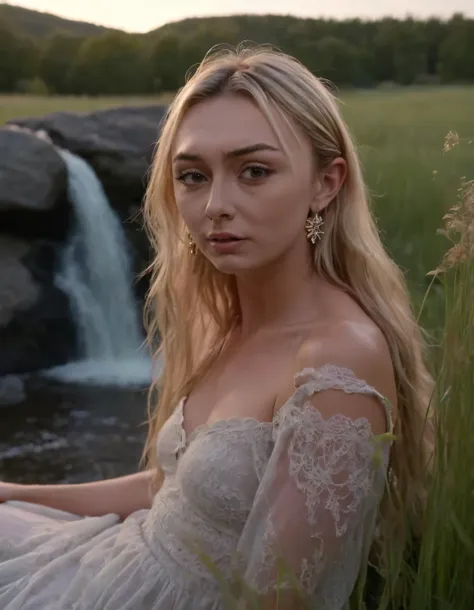 a woman sitting in a field next to a waterfall