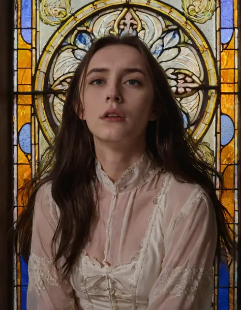 a close up of a woman in a white dress standing in front of a stained glass window