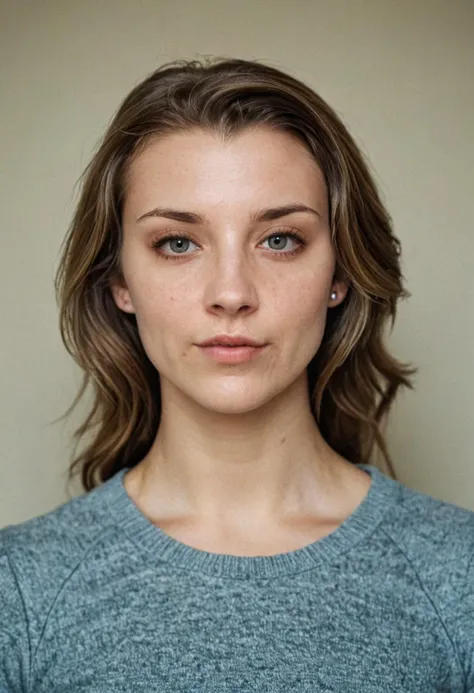 a close up of a woman with a blue shirt and a brown hair