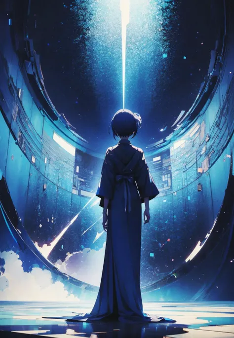 anime opening, (1girl), solo, a dreamscape aesthetic in Cobalt blue theme atmosphere, mosaic background, happy, floral, (wallpaper style), movie trailer, cinematic, screencap, still shot, true perception, comfortable