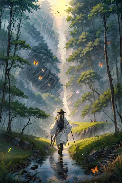 fantasy farmer holding a notebook and chewing a stalk of grass, oxen plowing the fields, berry bushes, butterflies flapping their wings, chinese druid, alchemy, doing research, ancient china, chinese countryside, agriculture and a row of thick forest trees...