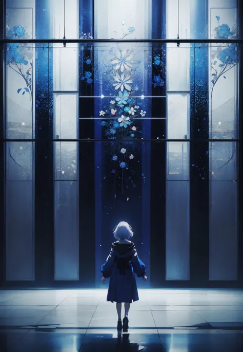 anime opening, (1girl), solo, a dreamscape aesthetic in Cobalt blue theme atmosphere, mosaic background, happy, floral, (wallpaper style), movie trailer, cinematic, screencap, still shot, true perception, comfortable