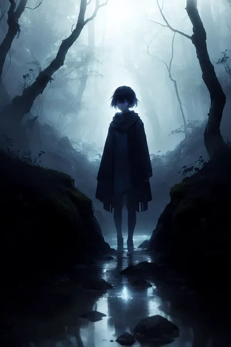 (best quality, ultra detailed, fantastic, beautiful), glowing silhouette, gap, 1girl, solo, mysterious ancient forest, waterside, glowing moss, midnight, (blue theme), fogy, (spirit, will-o-the-wisp:1.2), light particles, dimly light, depth of field,