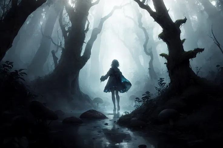 (best quality, ultra detailed, fantastic, beautiful), glowing silhouette, gap, 1girl, solo, adventurer, mysterious ancient forest, waterside, moss, mushroom, midnight, (blue theme), fogy, light particles, cinematic light, depth of field,