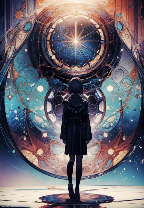 a woman standing in front of a giant clock with a star in the middle