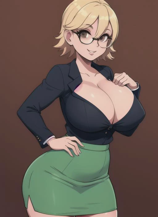 upperbody,1girl,solo,pinup,(detailed eyes),detailed face,looking at the viewer,highly detailed,beautiful,,sexy,seductive,sultry,grinning     <lora:hxh_shizuku:1> pakunoda, huge nose, cleavage, suit, pencil skirt, blonde hair, brown eyes,