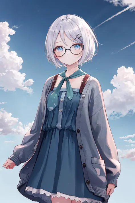 masterpiece, best quality, highres, 1girl glasses hairclip, blue dress neckerchief long sleeves open cardigan <lora:kyouko_okitegami:1> looking at viewer, blue sky, cloudy sky, standing