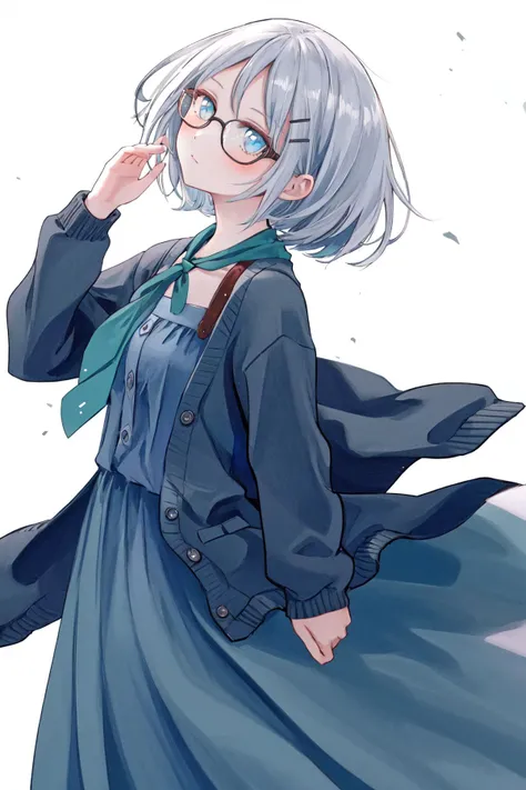 masterpiece, best quality, highres, 1girl glasses hairclip, blue dress neckerchief long sleeves open cardigan <lora:kyouko_okitegami:1> shaft head tilt, from side <lora:shaft_head_tilt2:1.0> floating hair, looking at viewer, long skirt, simple background, ...