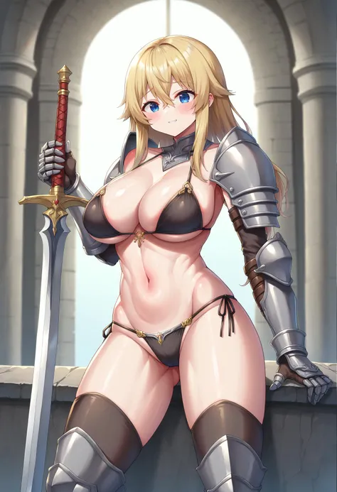 score_9, score_8_up, score_7_up, castle,
BREAK
source_anime,
BREAK
1girl, blonde hair, large breasts, happy, hair between eyes,
bikini armor, gauntlets, greaves,  holding sword,
<lora:Ayawasuca-v2-PDXL:1>